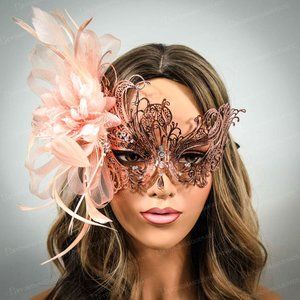 Rose gold masquerade mask floral feather cosplay